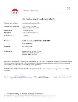 CE DECLARATION - ACI CO2 Sensors