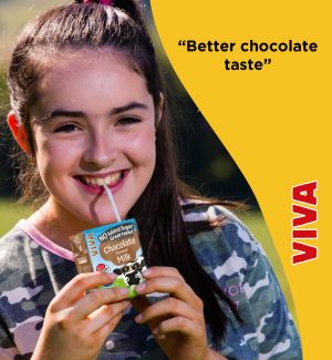 A young girl drinking a 250ml pack of VIVA Chocolate Milk , with tagline 