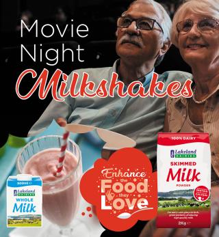 Image of an elderly couple watching a movie in the cinema, with an image of a strawberry milkshake next to it and images of 500ml Lakeland Dairies Whole Milk and 2kg Lakeland Dairies Skimmed Milk Powder
