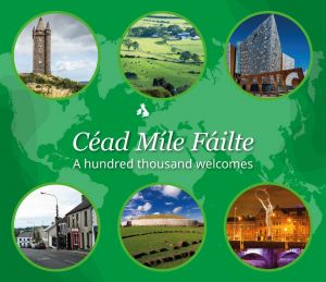 Collage for Celebrate Green campaign, showing images well-known Irish landmarks, with text 'Cead Mile Failte. A hundred thousand welcomes'