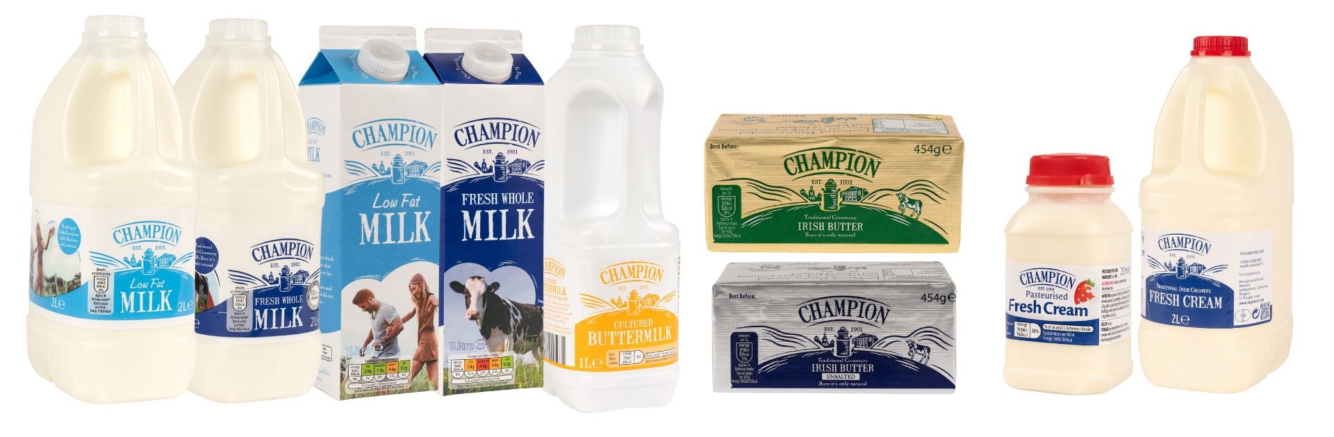 Range of champion dairy products including milk, buttermilk, cream and butter