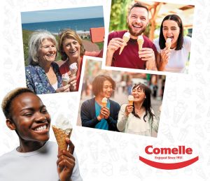 A collage of images of people smiling and holding and eating Comelle Ice creams, with Comelle logo in the corner