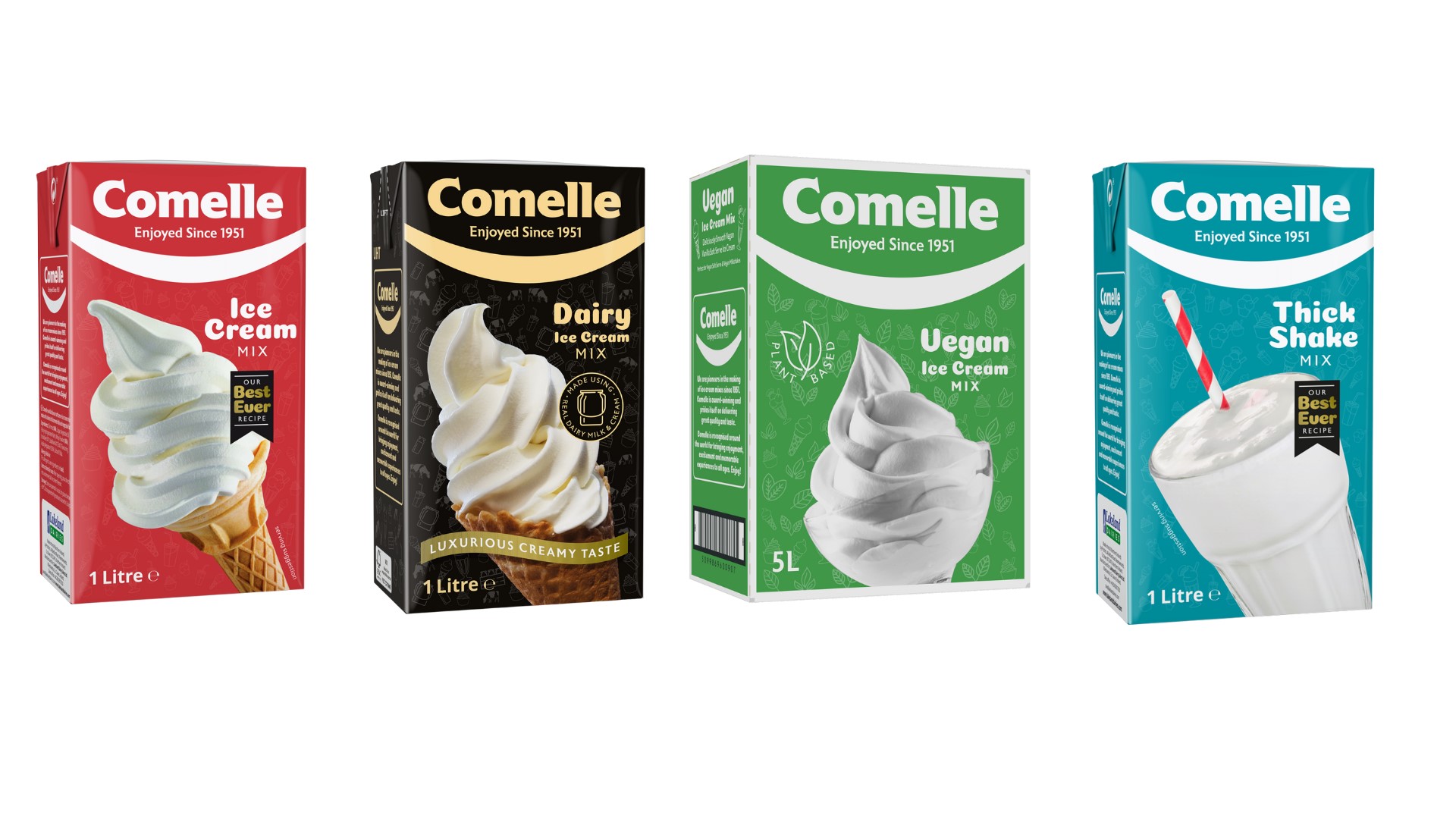 range of comelle ice cream mixes and thick shake