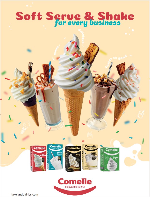 Poster showing the comelle soft serve ice cream on cones and thick shakes