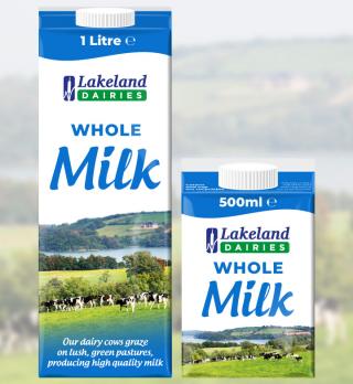 Pack of Lakeland Dairies Whole Milk 1L and 500ml cartons next to each other