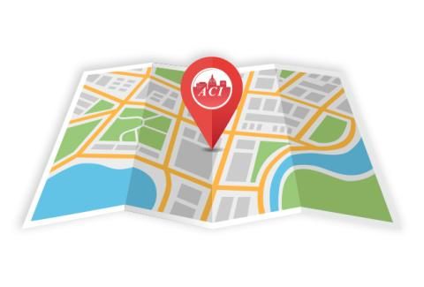Map on grey background with red ACI pin