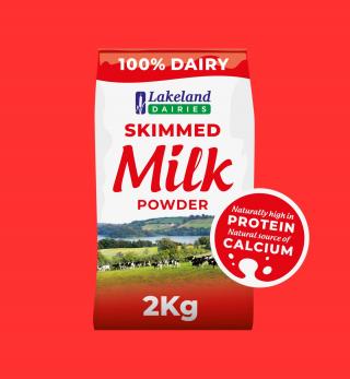 Optimised pack image of Lakeland Dairies 100% Dairy Skimmed Milk Powder 2kg bag with call out to being naturally high in protein and a natural source of calcium