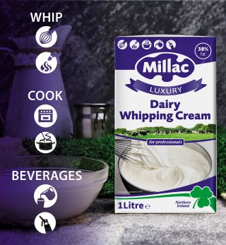 1L pack of Millac Luxury Dairy Whipping Cream with call-outs of its unique selling points: Whip, Cook, Beverages