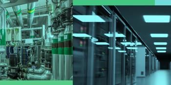 Side by side images of pipes and a data center