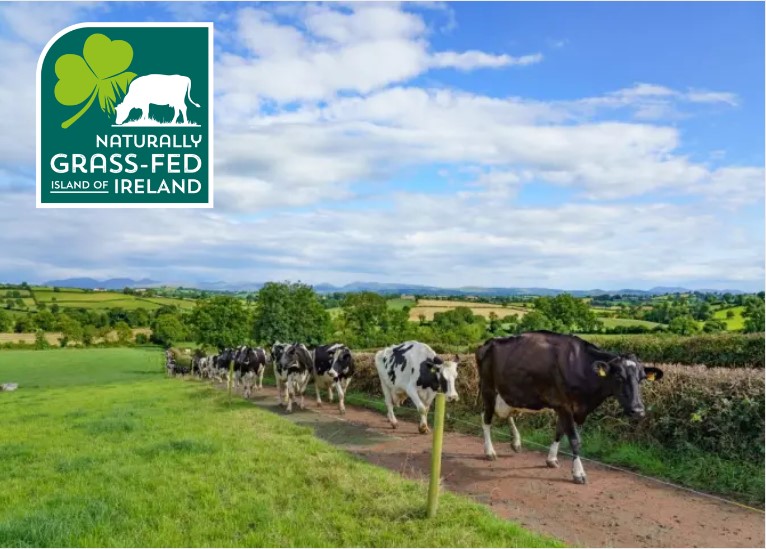 Image of cows walking along a path with the naturally grass-fed logo in the corner