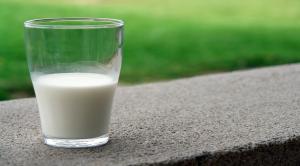 Half empty glass of milk sitting on wall in a garden