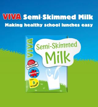 A 250ml pack of VIVA Semi-skimmed milk with the tagline 'VIVA Semi Skimmed Milk. Making healthy school lunches easy'