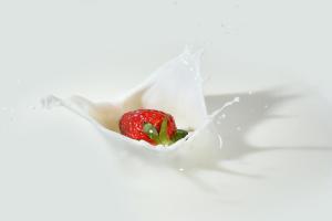 Strawberry being dropped into milk