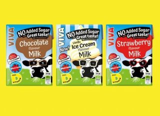 VIVA 200ml chocolate, vanilla ice cream and strawberry products on a yellow background