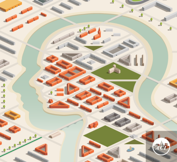 City and buildings in shape of human head