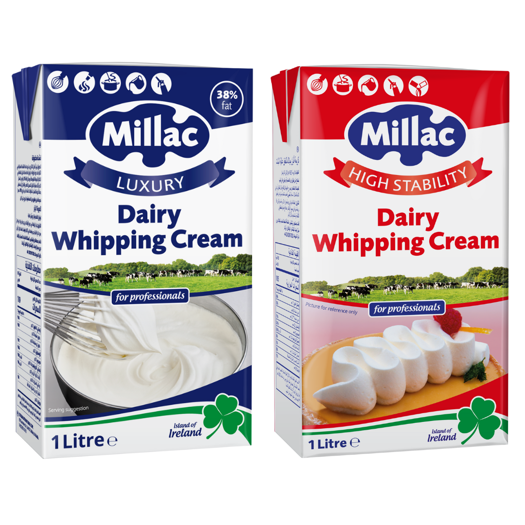 Millac gold dairy whipping cream in navy blue carton and millac dairy whipping cream in red carton