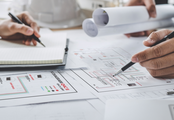 engineers working on network diagrams